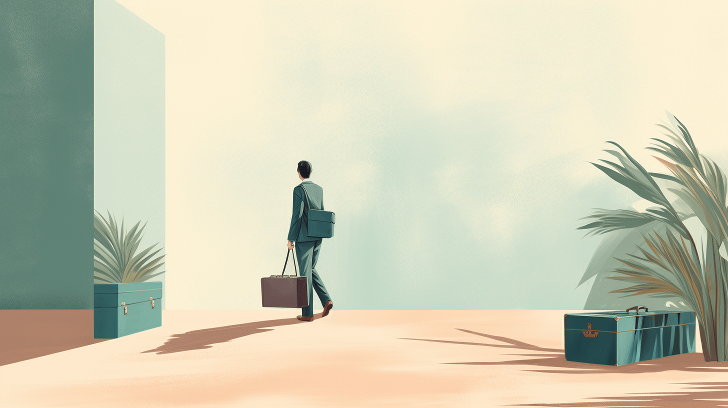 Stijlvolle illustratie van een man in pak met koffer die langs een minimalistische setting met planten en zachte pastelkleuren loopt.