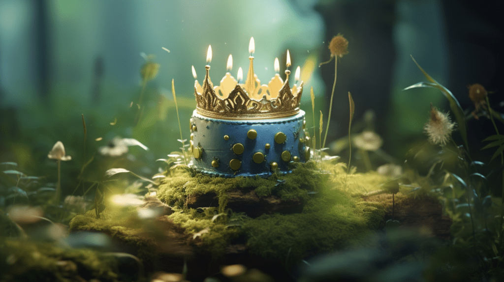 Een gouden kroon met brandende kaarsen bovenop rustend op een mosbedekt oppervlak in een sprookjesachtig bos