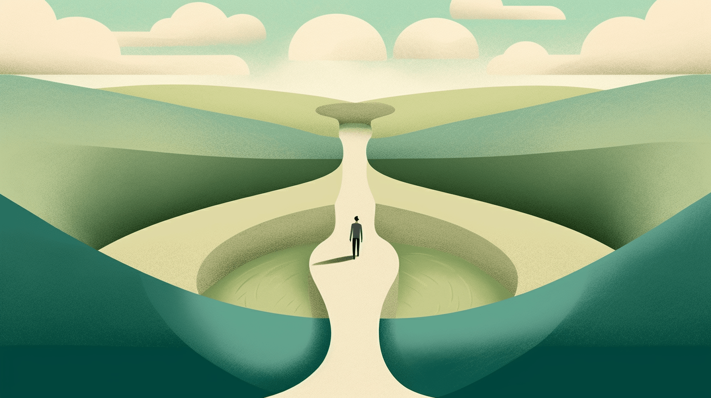 Illustratie van een persoon die aan de ingang staat van een zandloper-vormige vallei omgeven door glooiende groene heuvels onder een bewolkte hemel.