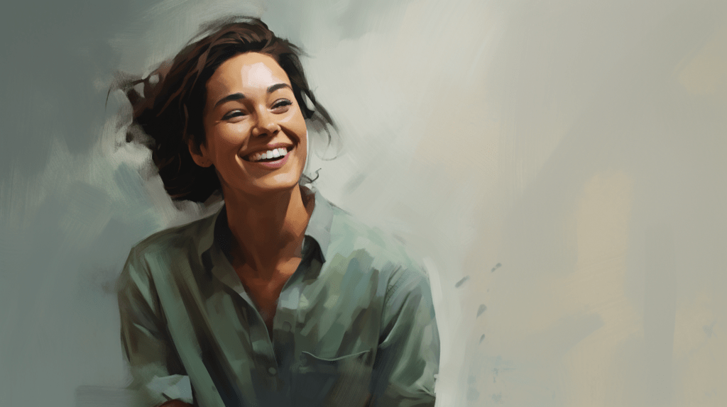 Schilderij van een vrolijk lachende vrouw met warrig haar en een losse groene blouse tegen een neutrale achtergrond.