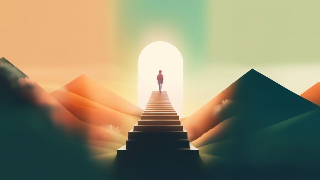 Silhouet van een persoon staat aan het einde van een trap die naar een stralende deuropening tussen twee piramidevormige heuvels leidt, in een sfeer met een kleurrijke zonsopgang of zonsondergan
