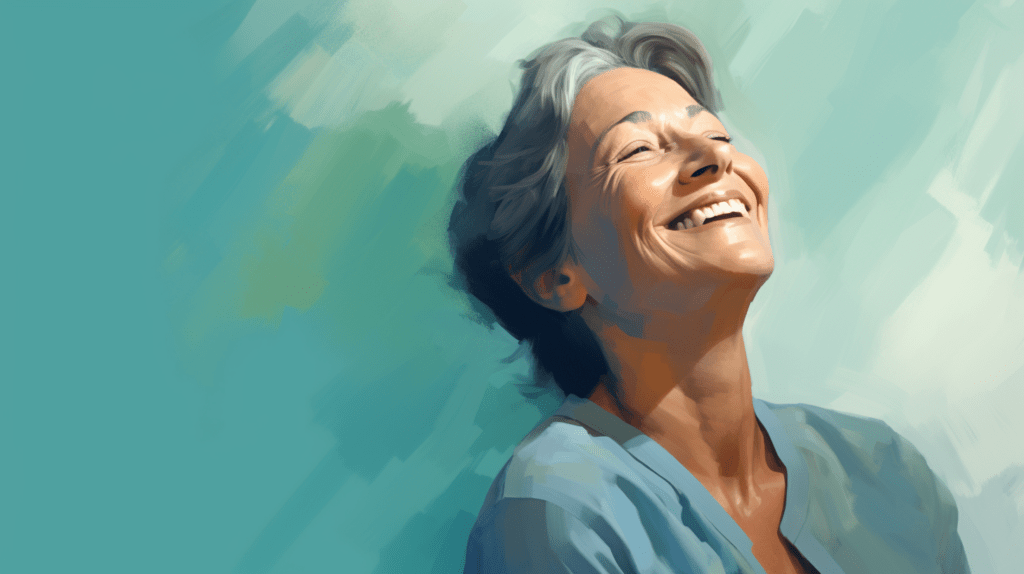 Schilderij van een lachende oudere vrouw met grijze haren in een blauwe blouse tegen een vrolijke, lichtblauwe achtergrond