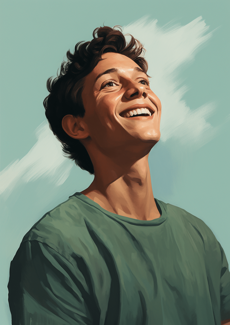 Portret van een lachende jongeman die omhoog kijkt, met een lichtblauwe hemel op de achtergrond