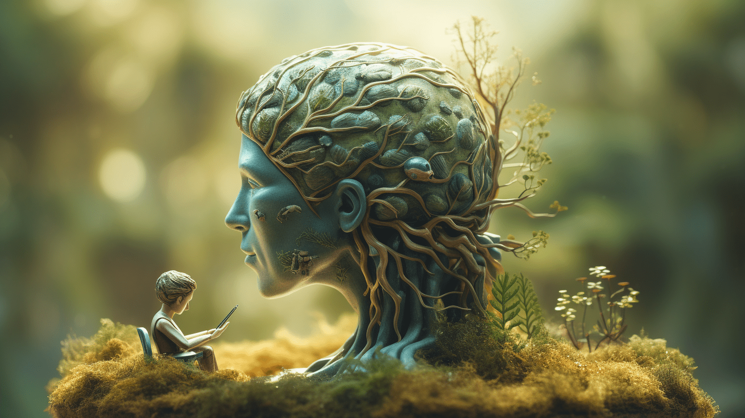 Fantasierijke weergave van een persoon zittend op een eiland met mos lezend voor een reusachtig menselijk hoofd waarvan het haar verweven is met natuurlijke elementen, in een bosrijke omgeving.