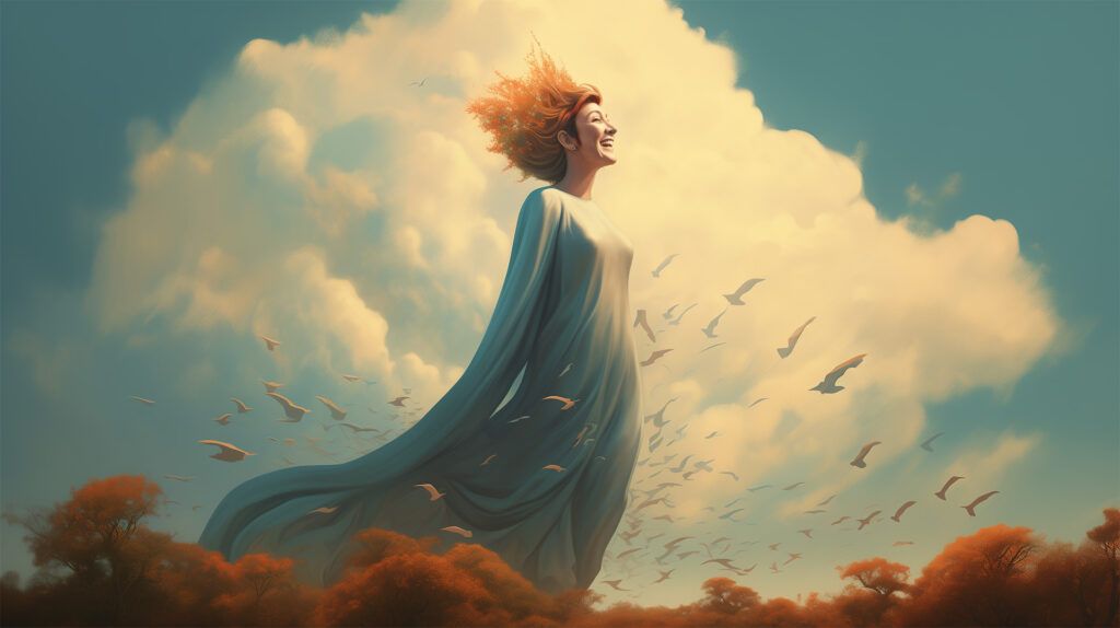 Artistieke afbeelding van een vrouw in een blauwe jurk met opwaaiend oranje haar, lachend naar de hemel, omgeven door vliegende vogels en herfstbomen