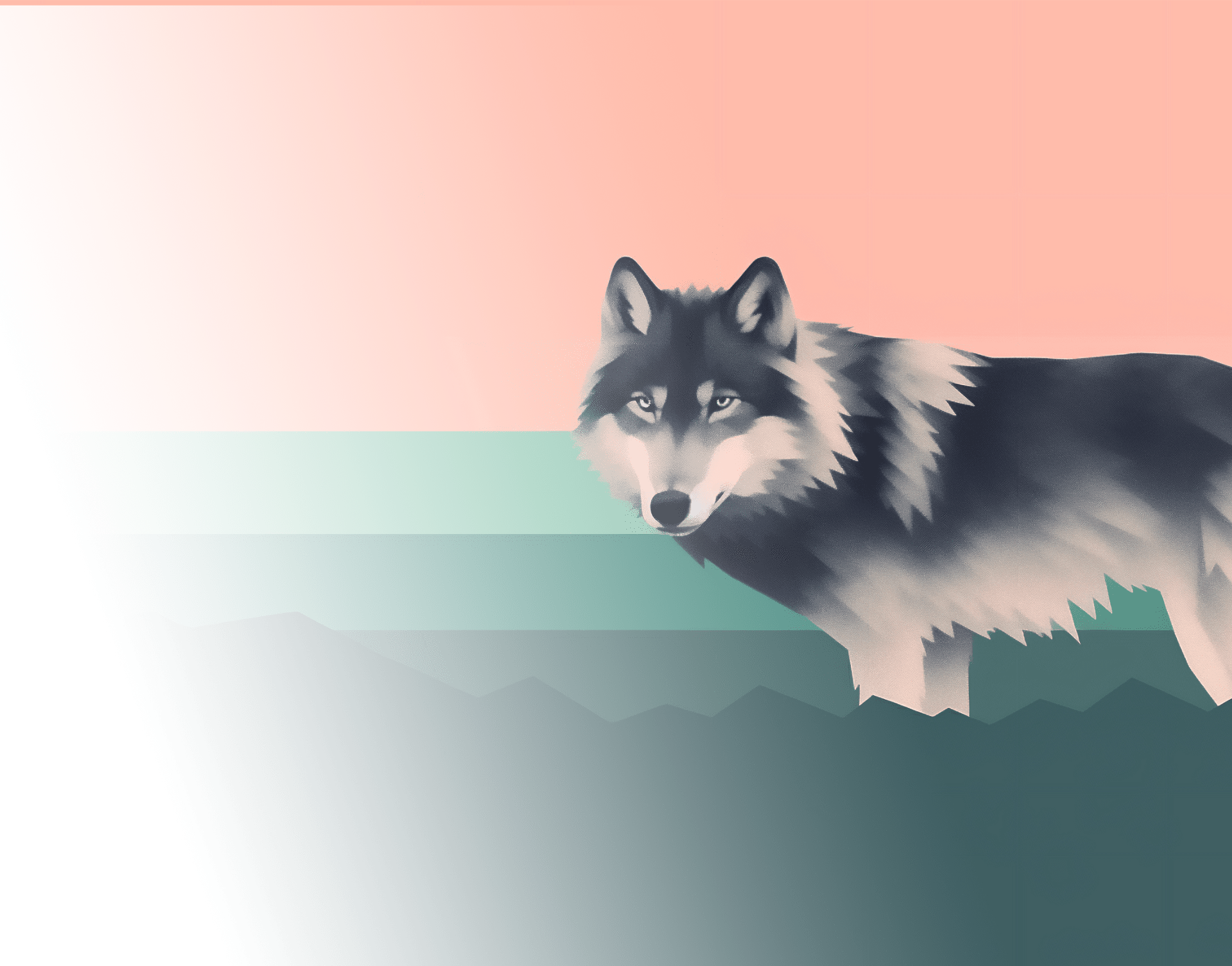 Artistieke weergave van een wolf tegen een geometrische achtergrond met pasteltinten.